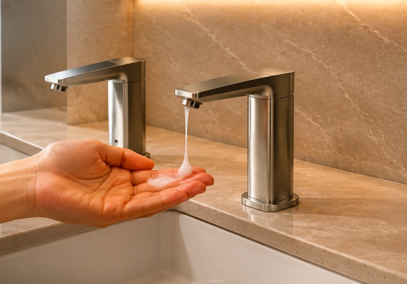 Soap dispensers for commercial restrooms